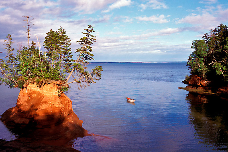 Dory-between-islands,-near-Parsboro,-Nova-Scotia,-Canada